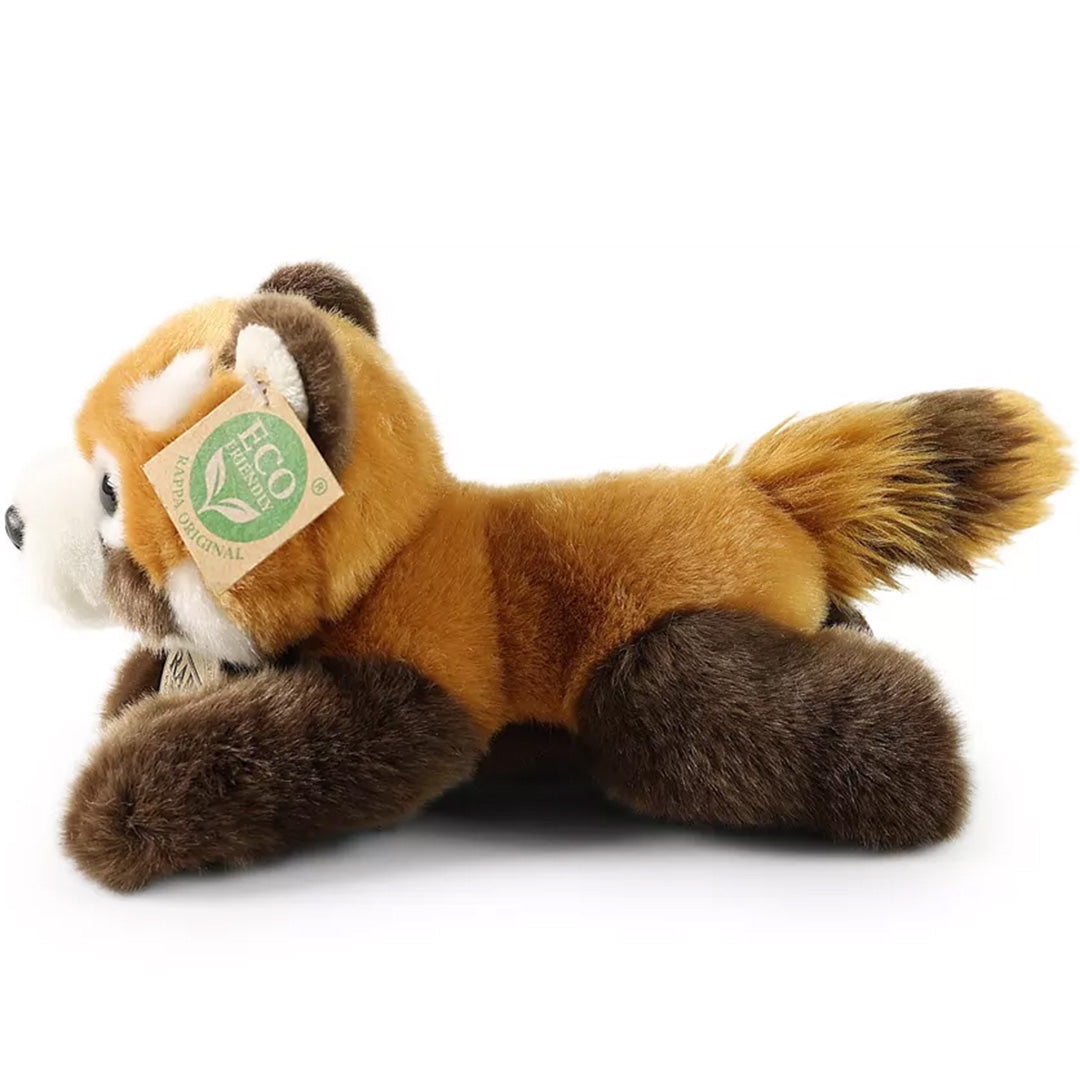 Rappa pluchen rode panda knuffel, liggend en van de zijkant gefotografeerd, met productlabels.