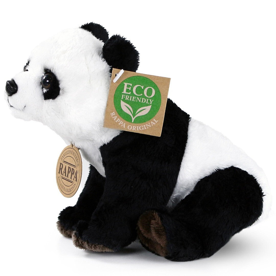 Rappa knuffelpanda zittend, van de zijkant gezien, met labels.