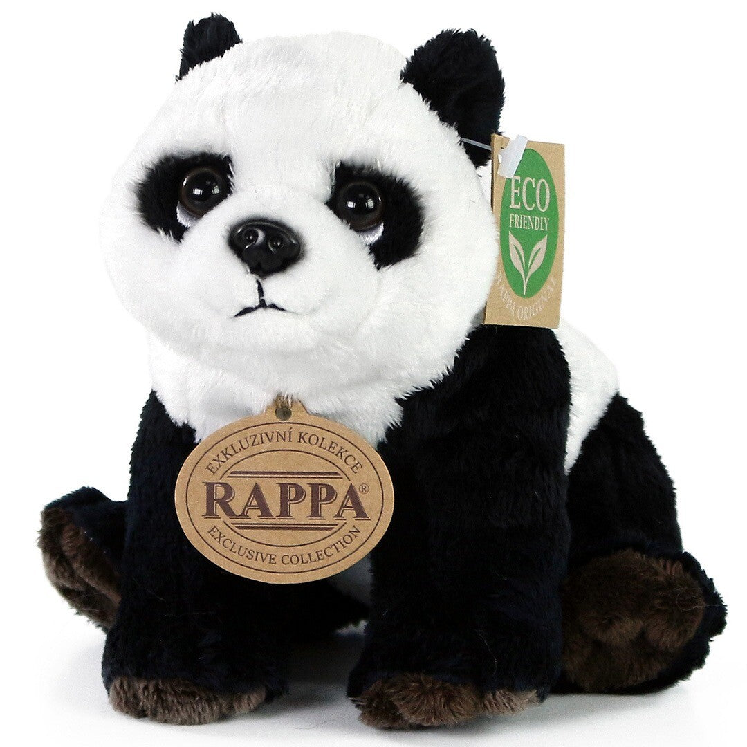 Rappa knuffelpanda zittend, met twee labels aan zijn nek.