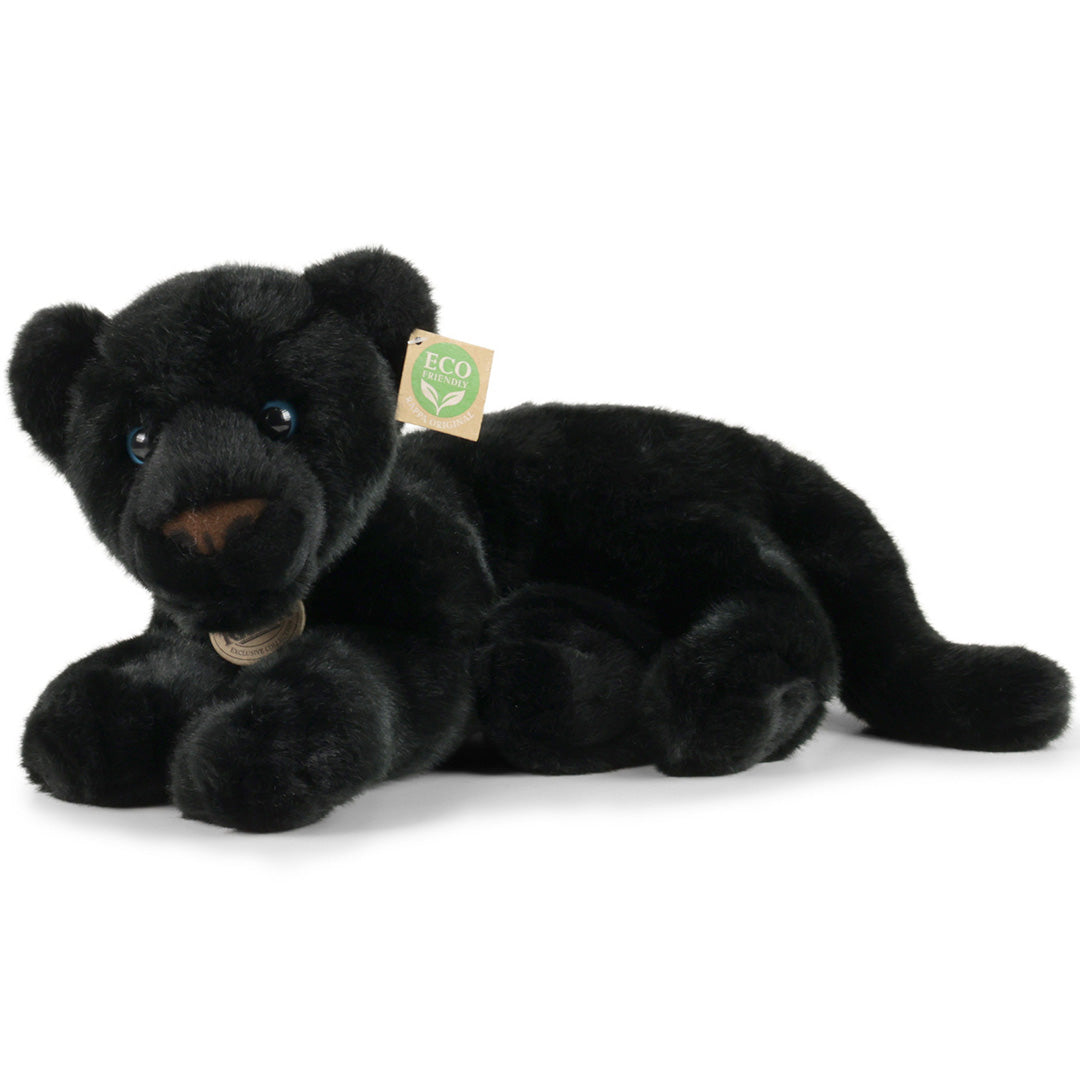 Rappa pluchen panter knuffel, liggend, met een 'Eco Friendly' label.