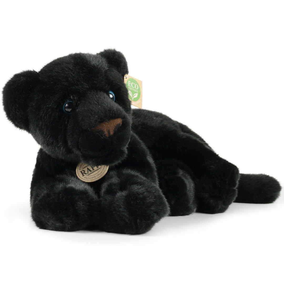 Rappa pluchen panter knuffel, liggend, met een 'Eco Friendly' en merklabel.