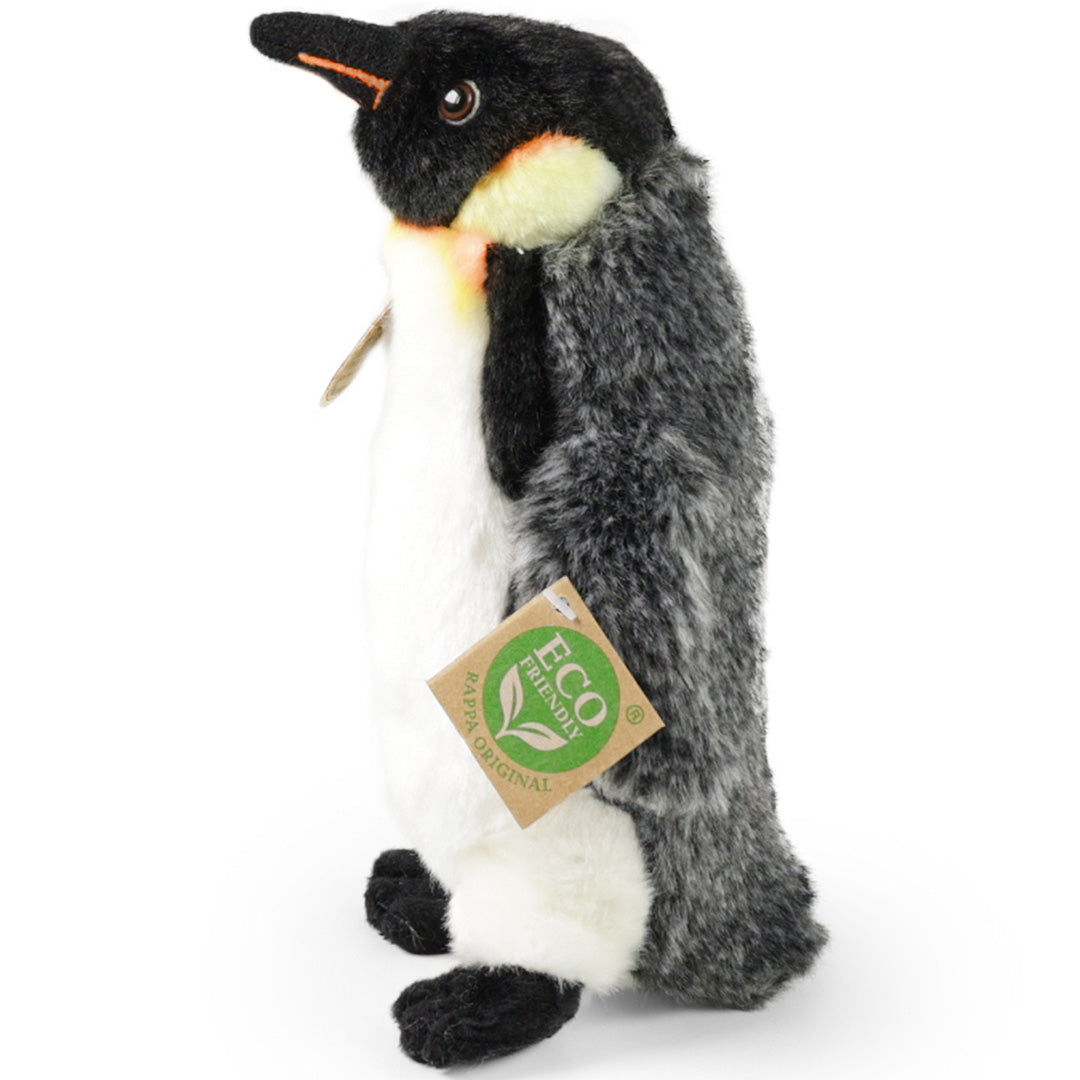 Rappa pluchen pinguïn knuffel met 'Eco Friendly' label, van de zijkant gefotografeerd.