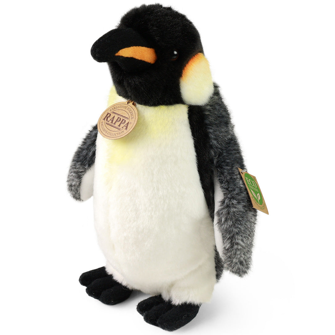 Rappa pluchen pinguïn knuffel met tags, staand op een witte achtergrond.