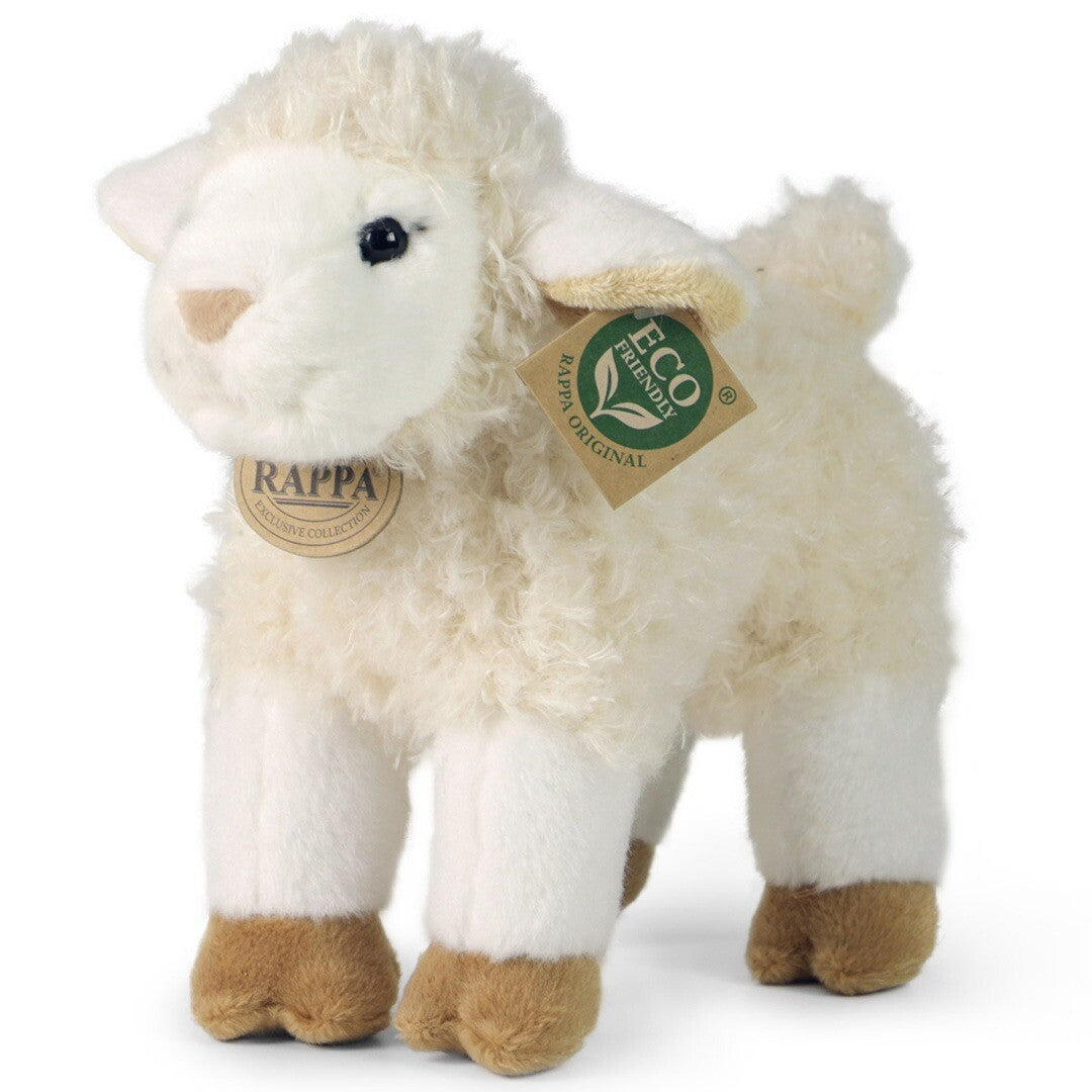 Rappa pluchen schaap, schuin van voren gezien, met merk- en eco-label.