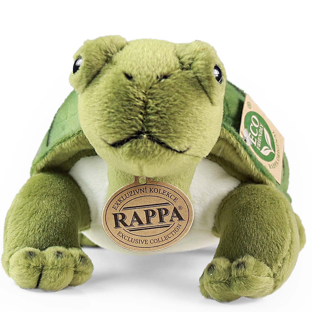 Rappa pluchen schildpad met tags, van voren gefotografeerd.