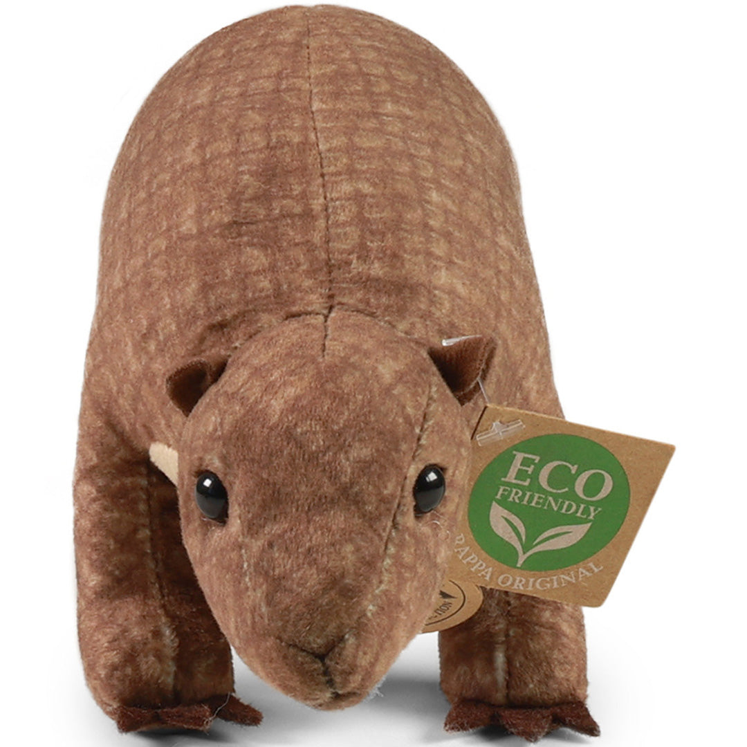 Rappa pluchen schubdier, recht van voren gezien, met een 'eco friendly' label.