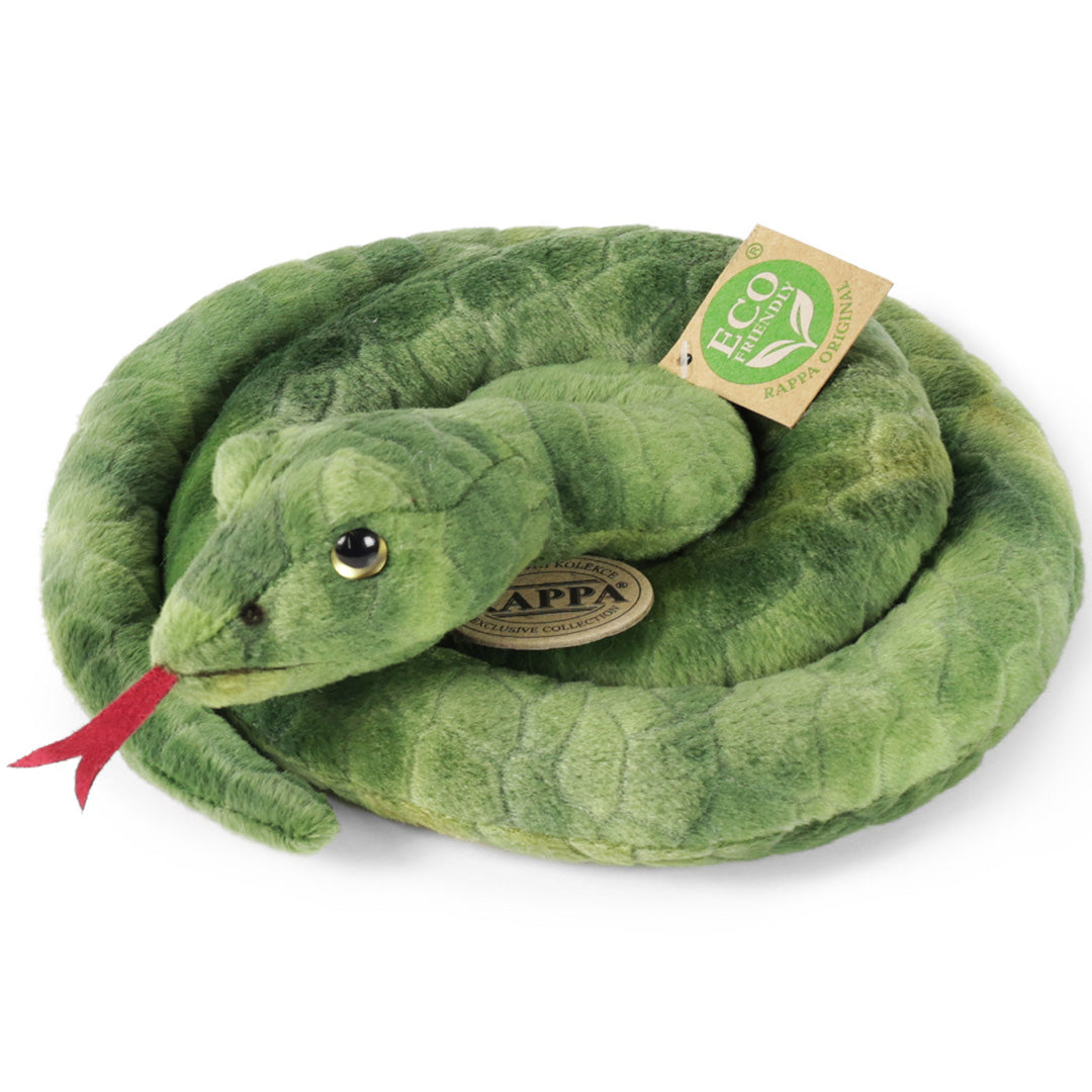 Rappa groene pluchen slang opgerold met rode tong en productlabels.