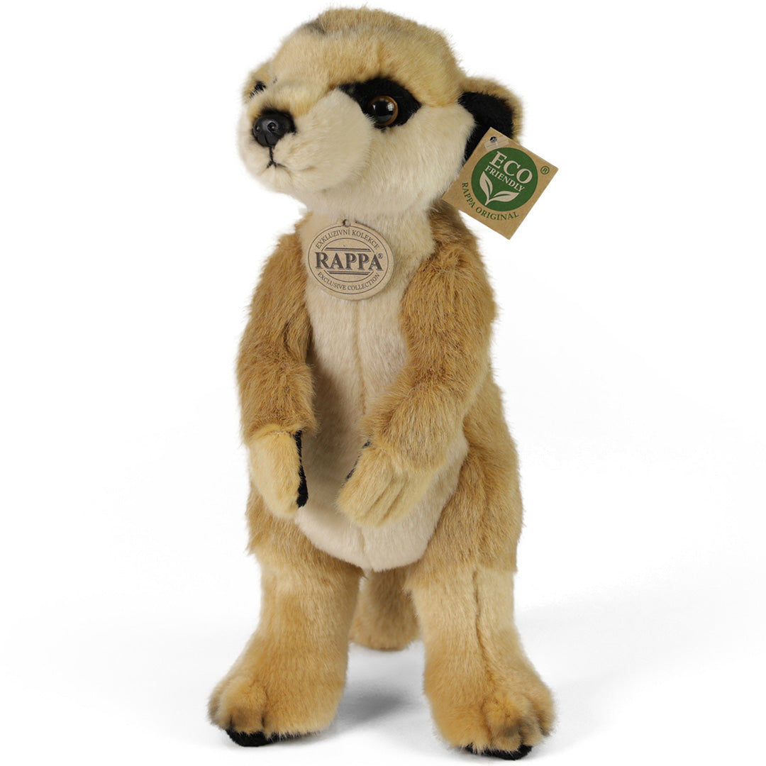 Rappa pluchen stokstaartje knuffel staand op een witte achtergrond.