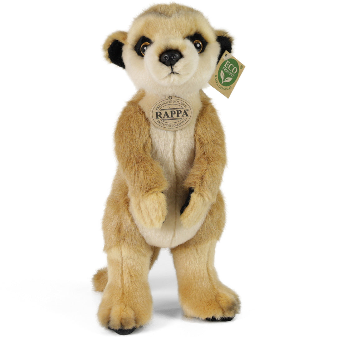 Rappa pluchen stokstaartje knuffel recht van voren op een witte achtergrond.
