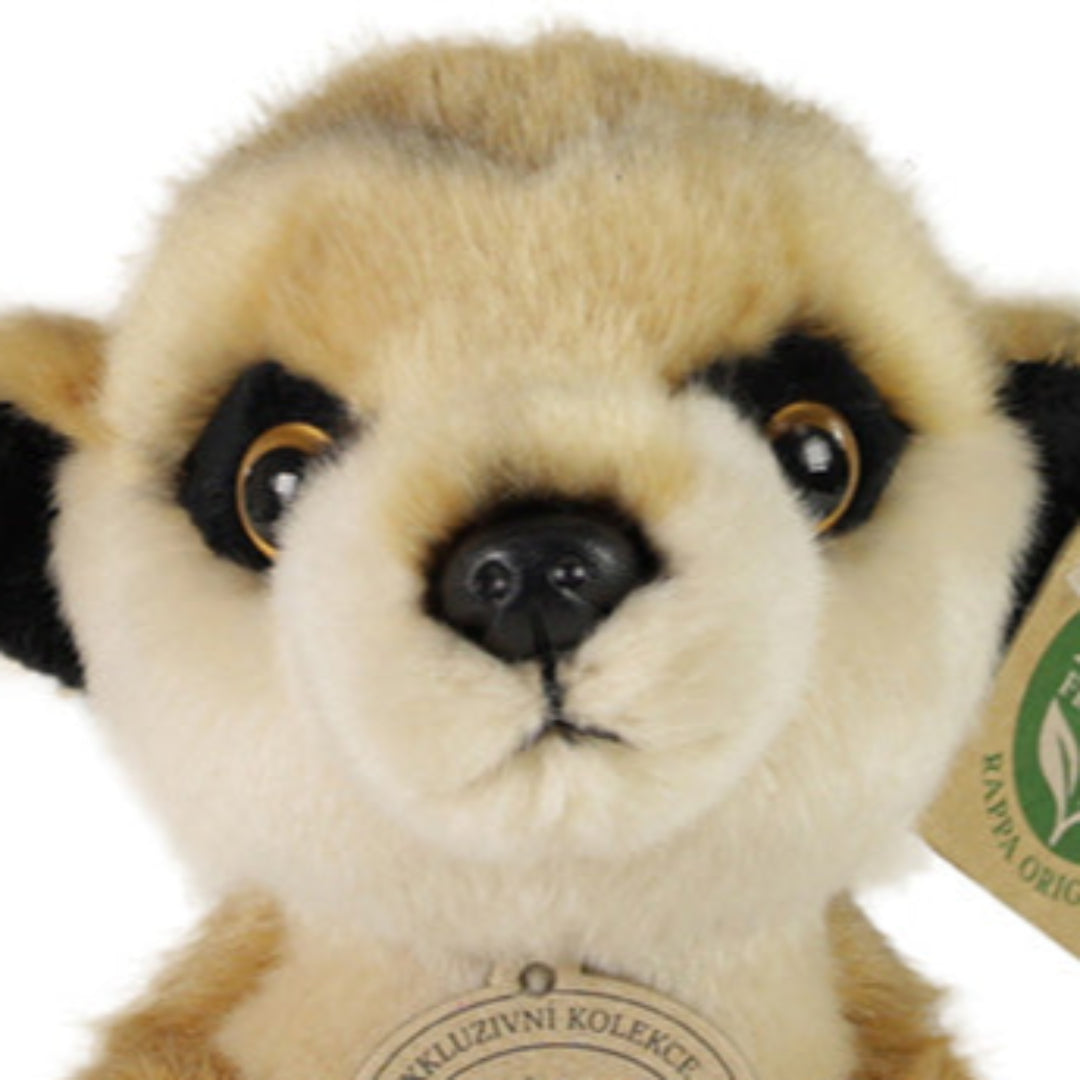 Detailopname van het gezicht van de Rappa pluchen stokstaartje knuffel.