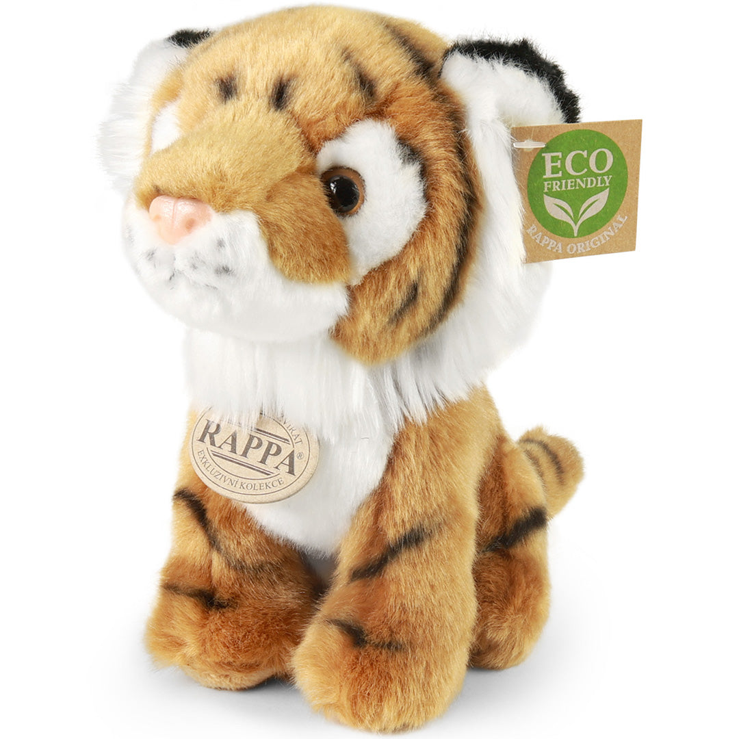 Rappa pluchen tijger knuffel, zittend en schuin van voren gefotografeerd, met zichtbare productlabels.