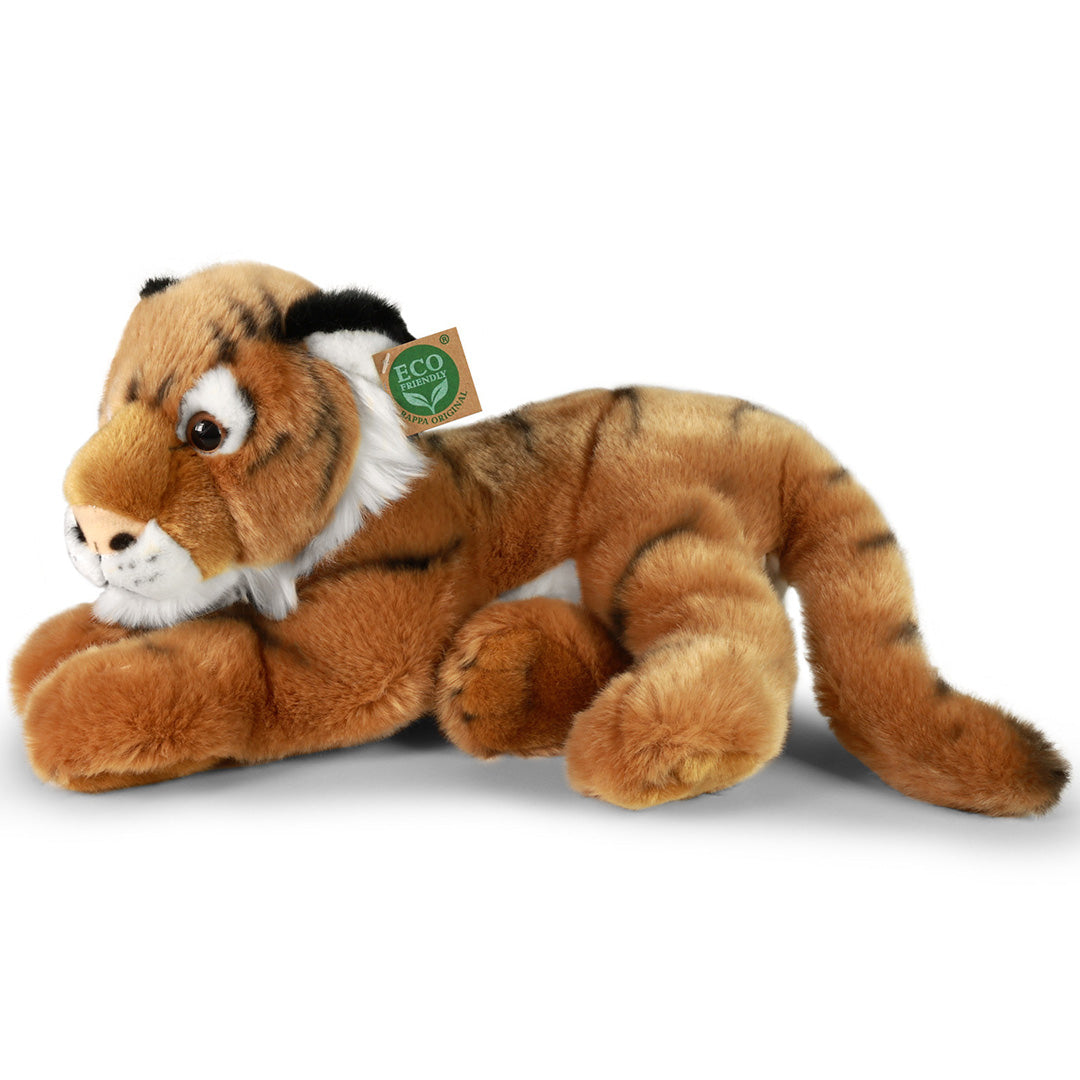 Rappa pluchen tijger, liggend en van de zijkant gefotografeerd, met een groen 'eco friendly' label.