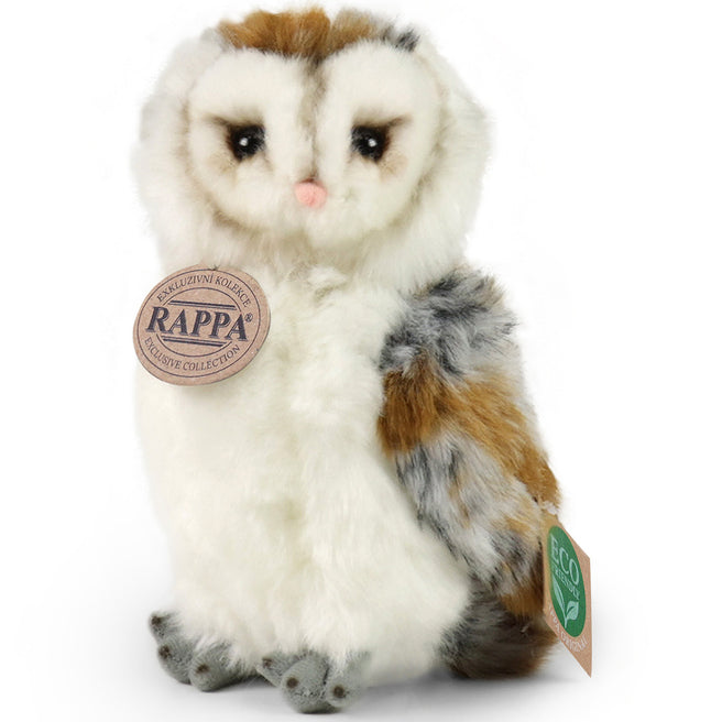 Rappa pluchen uil met witte, bruine en grijze vacht, met merk- en eco-label.