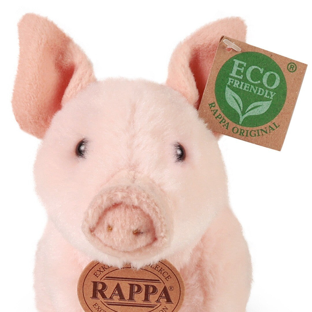 Detailopname van het gezicht van de Rappa roze pluchen varken knuffel met labels.