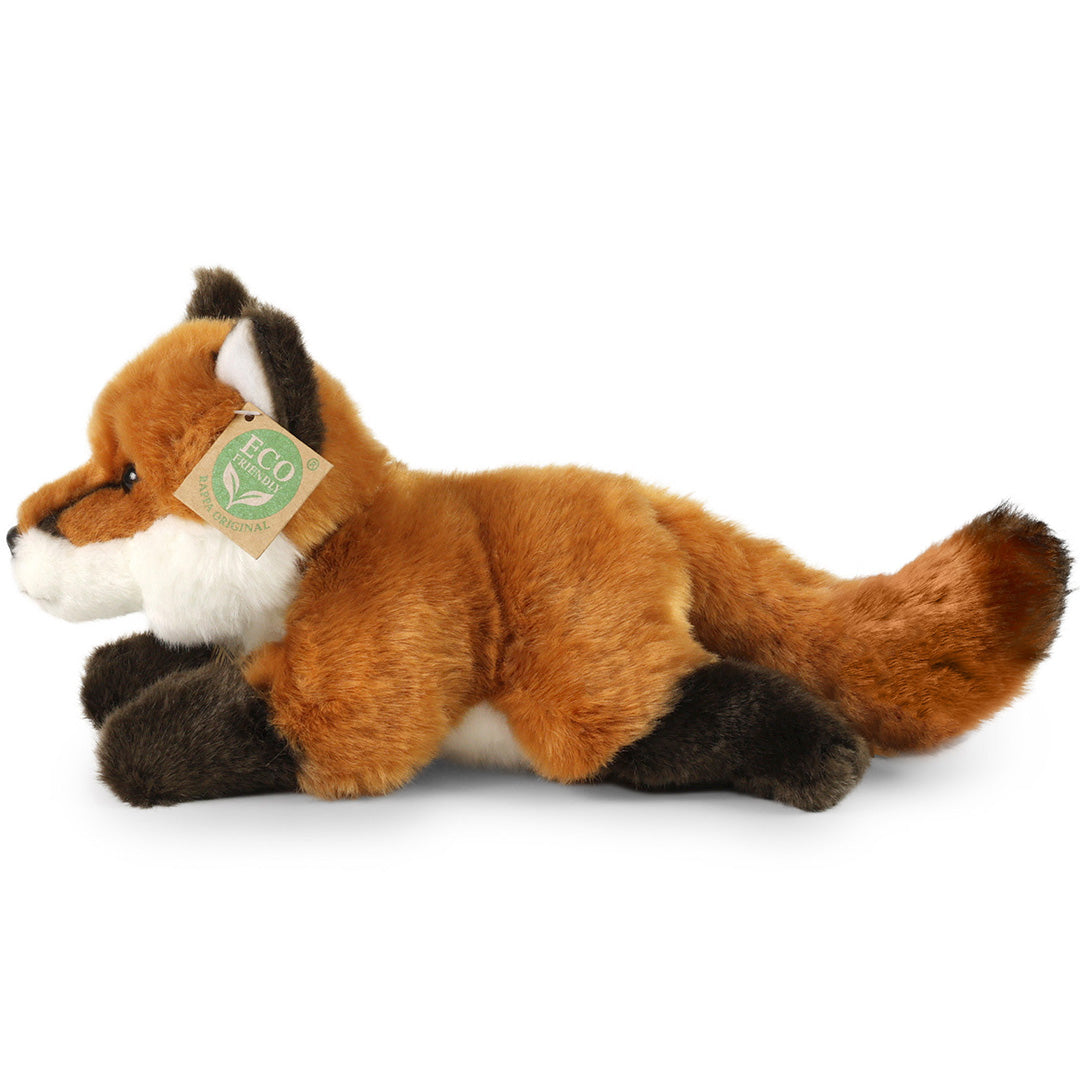 Rappa pluchen vos knuffel, van de zijkant gezien, liggend op een witte achtergrond.
