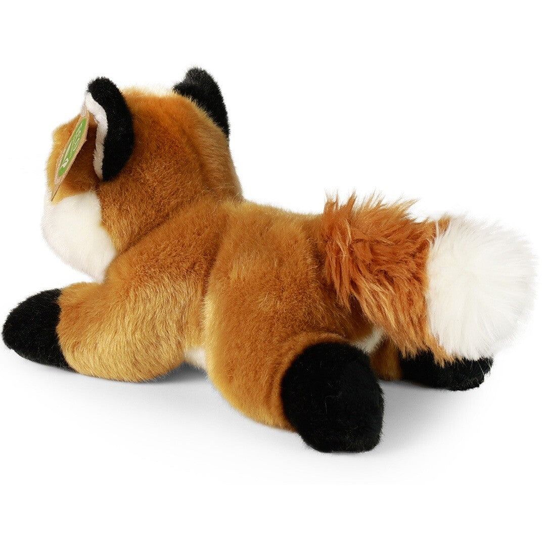 Rappa pluchen vos knuffel, liggend en schuin van achteren gefotografeerd.