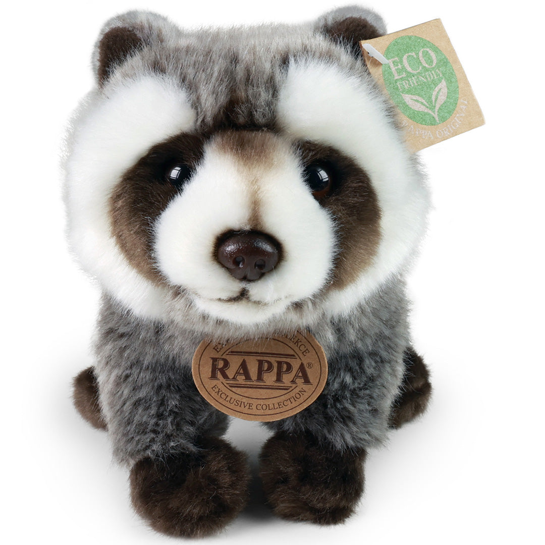 Rappa pluchen wasbeer, recht van voren gefotografeerd, met labels.