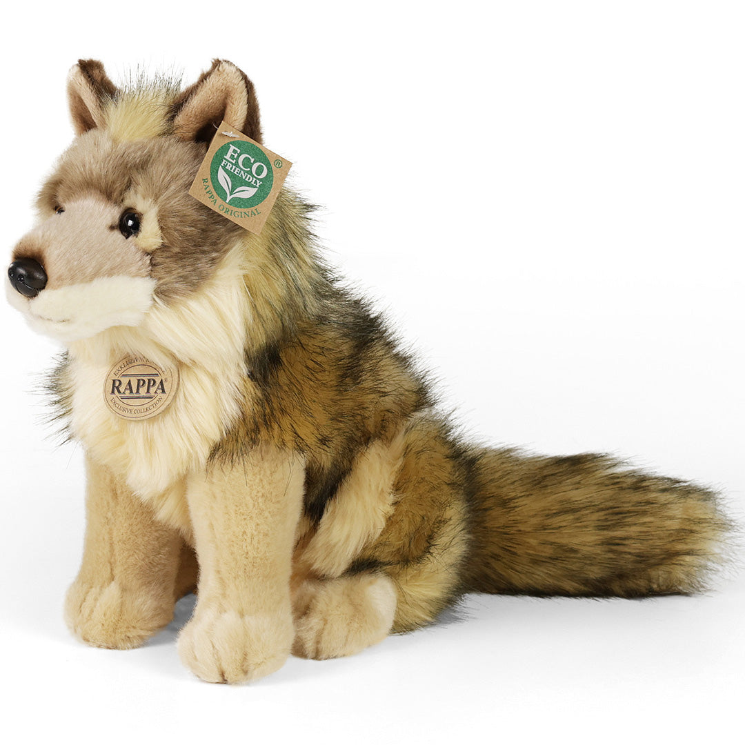 Rappa pluchen wolf/coyote knuffel, schuin van voren gezien.