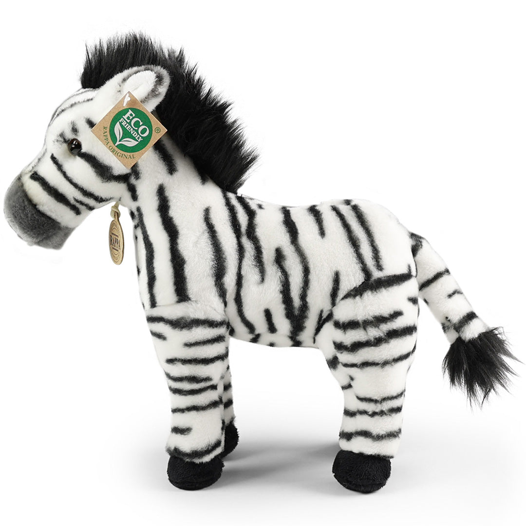 Rappa pluchen zebra knuffel, van de linkerkant gefotografeerd.