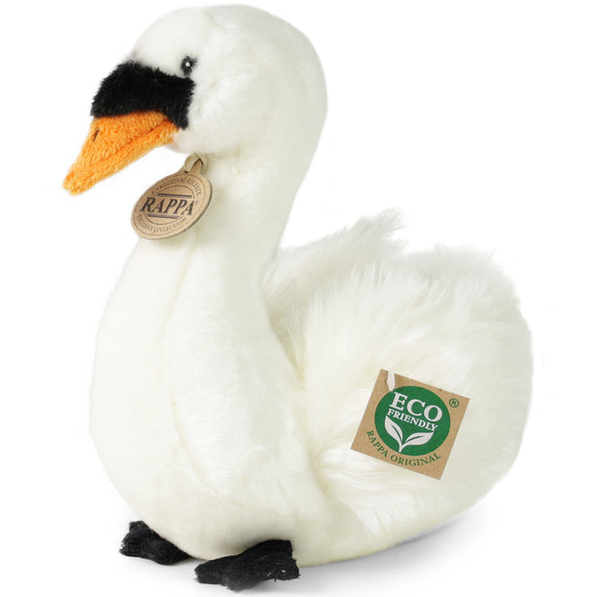 Rappa pluchen zwaan knuffel, schuin van voren gezien, met labels.