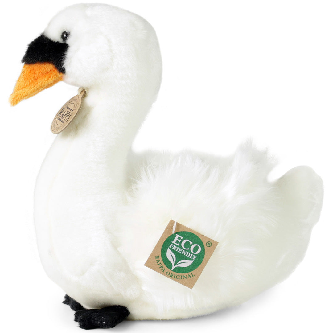 Rappa pluchen zwaan knuffel, van de zijkant gezien, met 'Eco Friendly' label.