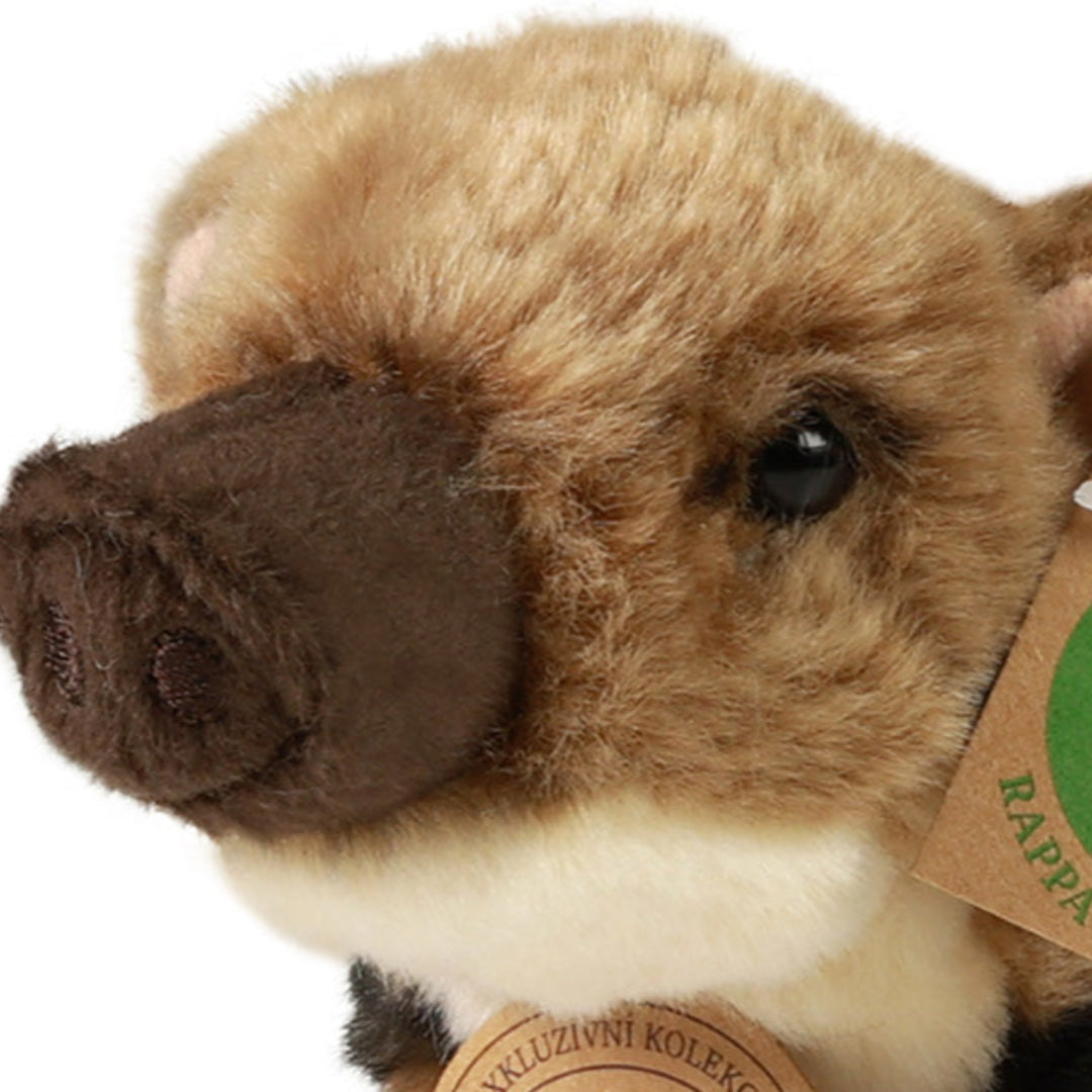 Detailopname van de kop van de Rappa pluchen baby wild zwijn knuffel met label.
