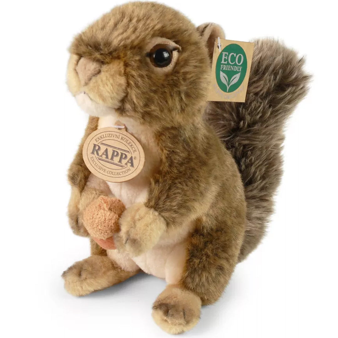 Rappa pluchen eekhoorn knuffel met eikel, van voren gezien met merk- en eco-labels.