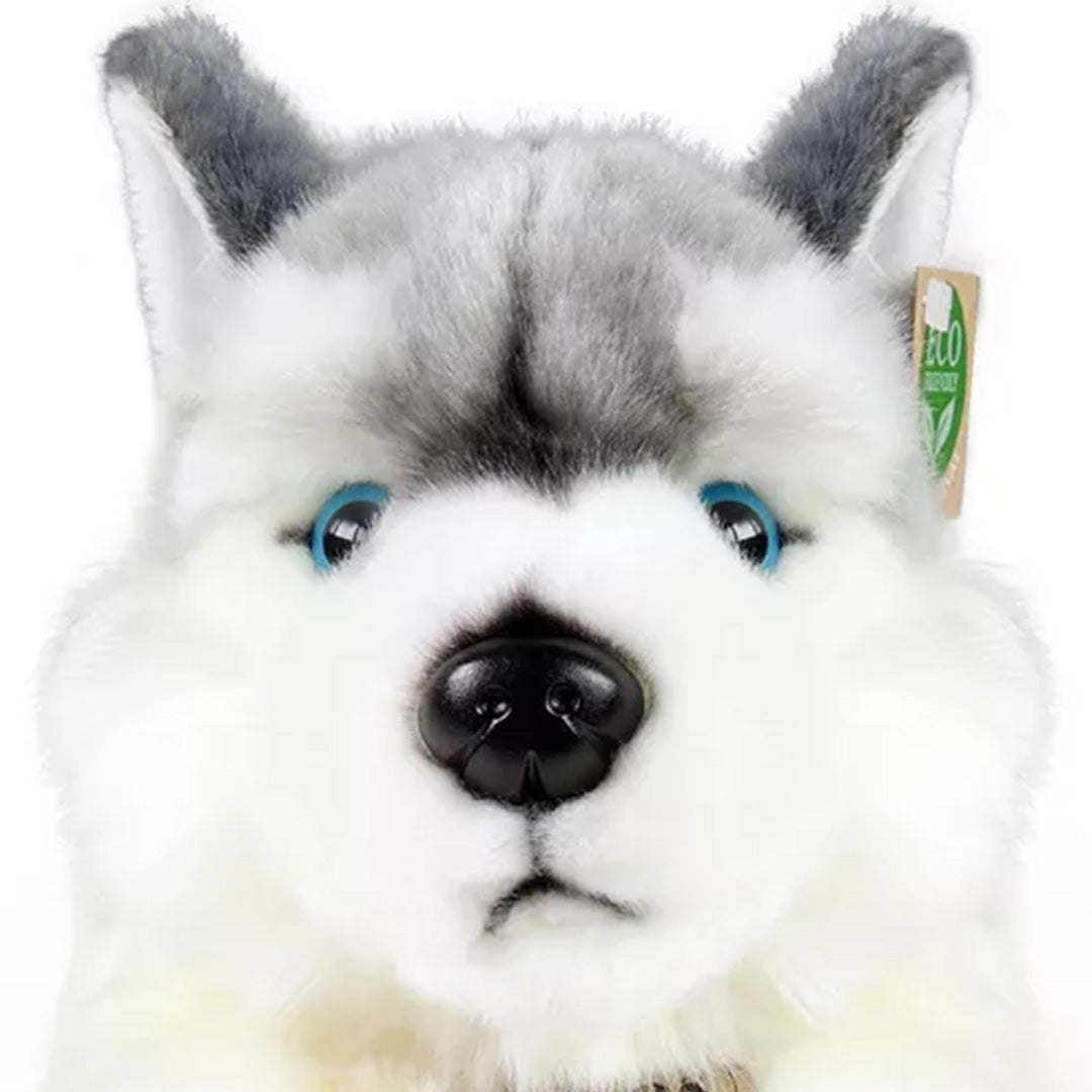 Close-up van de kop van de Rappa pluchen knuffelhond husky.