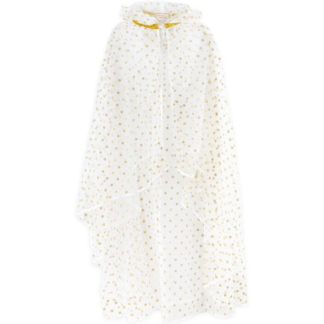 Witte verkleedcape met gouden stippen, capuchon en gouden kraag, schuin van voren gefotografeerd.