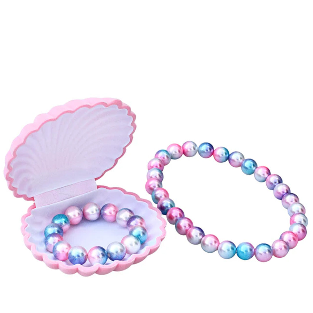 Ratatam kindersieradenset met twee veelkleurige kralenarmbanden, waarvan één in een open roze schelpdoosje.
