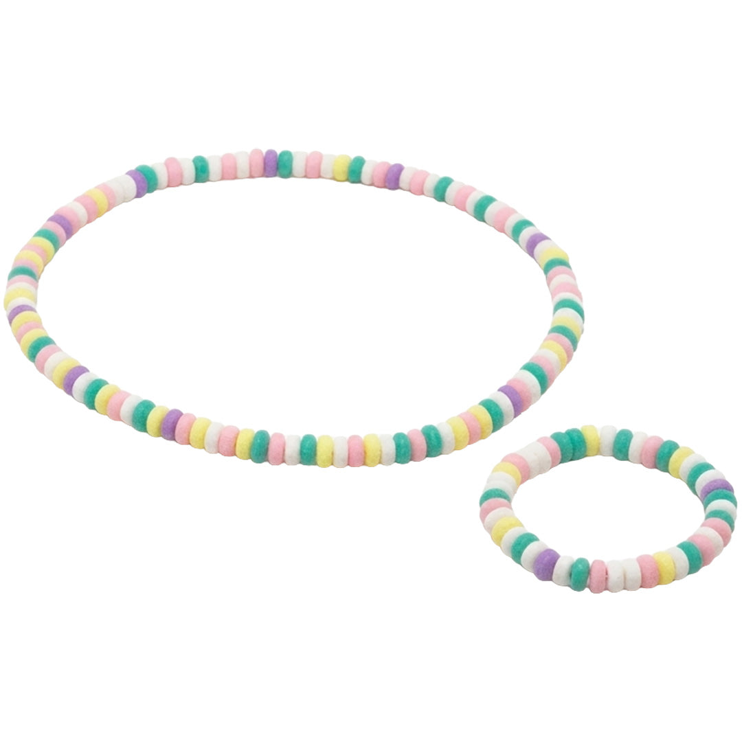 ratatam kindersieradenset met een ketting en armband van veelkleurige bonbonkralen.