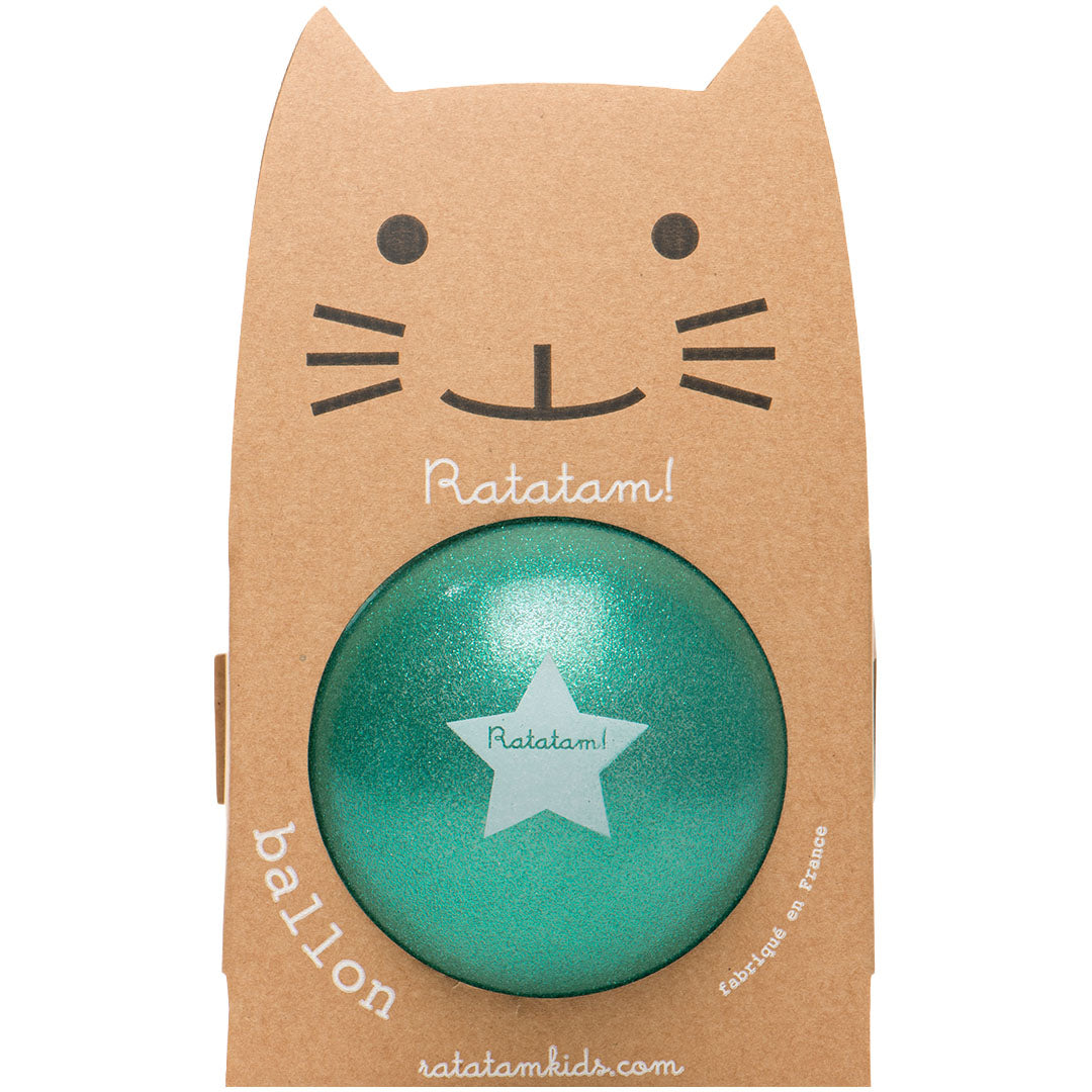 Verpakking van de Ratatam groene glitter speelbal in de vorm van een kat.