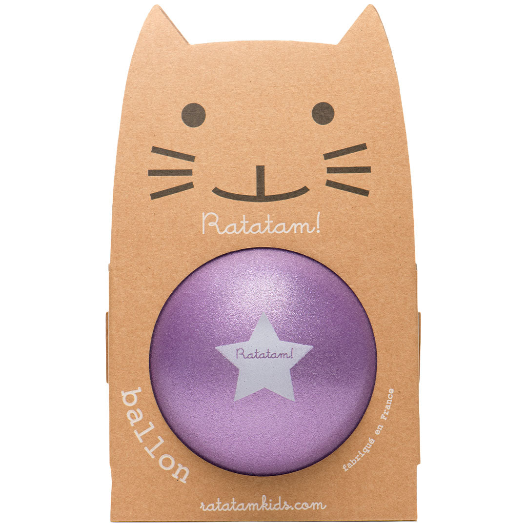 Verpakking van de Ratatam paarse glitter speelbal, met een kattengezicht en een uitsparing voor de bal.