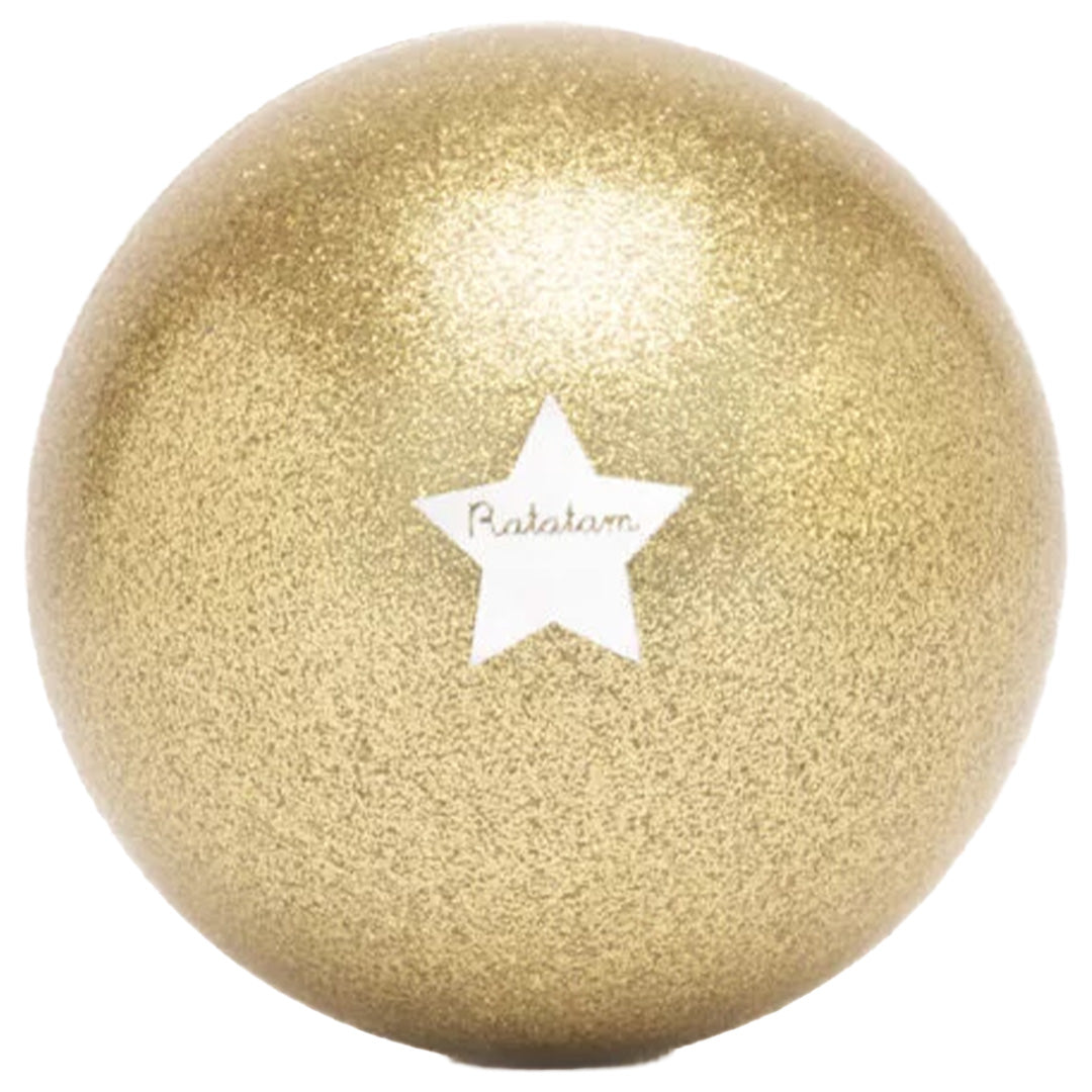 Close-up van een Ratatam gouden glitter speelbal met een witte ster in het midden.