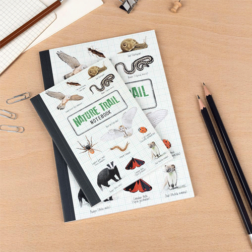 Twee Rex London Nature Trail notitieboeken, een A5 en een kleiner formaat, liggen op een bureau met potloden en paperclips.