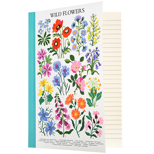 Rex London A5 schrift met wilde bloemen op de voorkant, licht geopend met zicht op de gelinieerde pagina's.