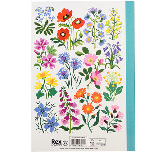 Achterkant van het Rex London A5 schrift met een patroon van wilde bloemen en productinformatie.