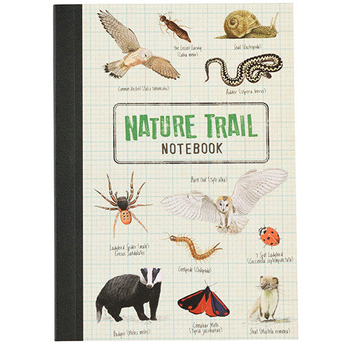 rex london A6 notitieboekje met beige kaft en illustraties van diverse dieren en de tekst 'NATURE TRAIL NOTEBOOK'.