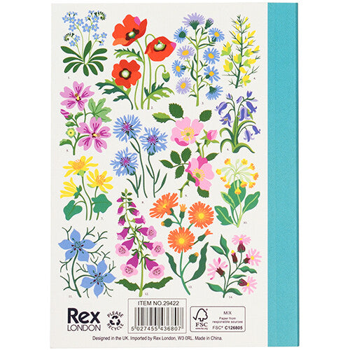 De achterkant van het Rex London A6 notitieboekje met wilde bloemen en productinformatie.