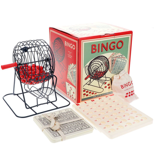 Rex London bingoset met metalen bingomolen, rode balletjes, bingokaarten en de verpakking.