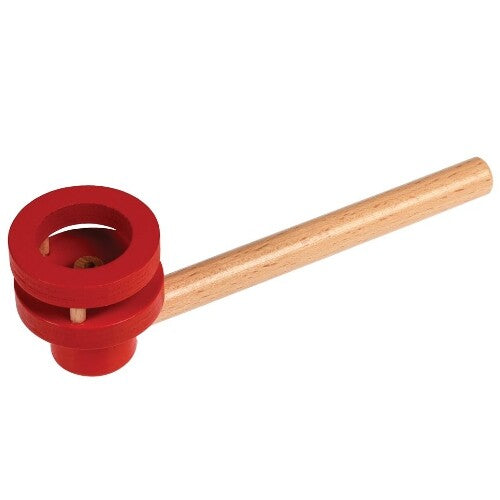 Rex London blaasspel, een houten blaaspijp met een rode houten houder, zonder bal.