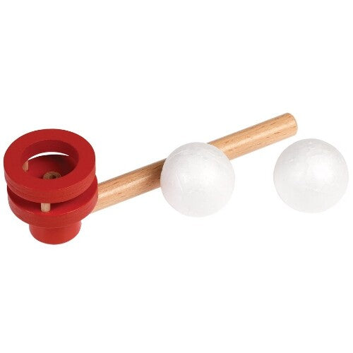 Rex London blaasspel, een houten blaaspijp met rode houder en twee witte schuimballen ernaast.