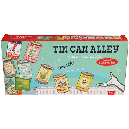 De voorkant van de verpakking van het Rex London blikgooien spel, met illustraties van de blikken en de tekst 'Tin Can Alley'.