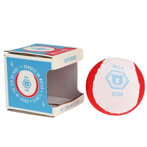 Rex London drijvende stuiterbal met Wild Bear logo, naast de open verpakking met productkenmerken.