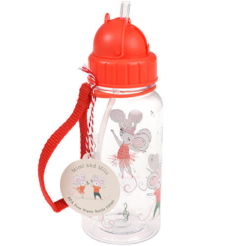 Rex London kinder drinkfles met rietje, versierd met dansende muizen, rode dop en draagband.
