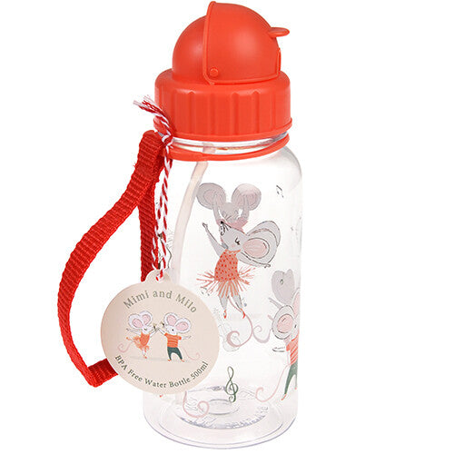 Rex London kinder drinkfles met rietje, versierd met dansende muizen, rode dop en draagband.