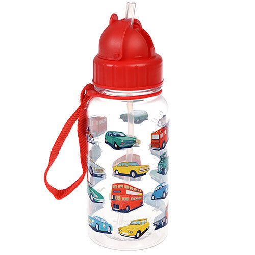 Rex London kinder drinkfles van plastic met rood rietje en voertuigpatroon.