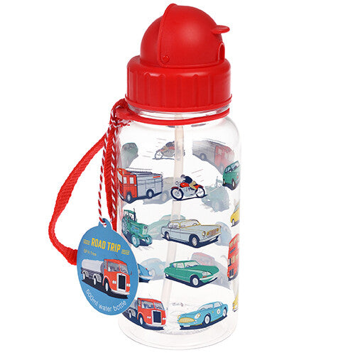 Rex London kinder drinkfles met voertuigpatroon en productlabel 'Road Trip'.