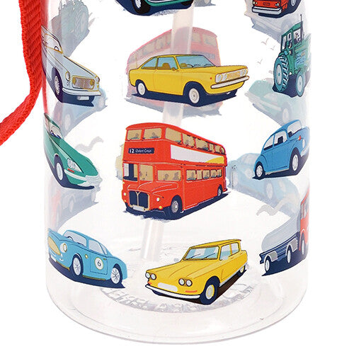 Detail van de Rex London drinkfles met illustraties van diverse voertuigen zoals een bus en auto's.