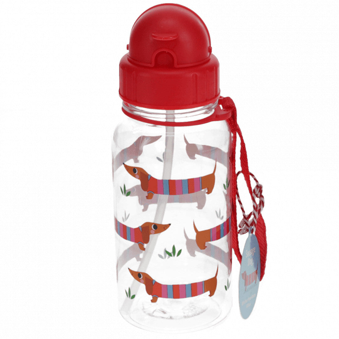 Rex London kinder drinkfles met rietje en een patroon van teckels met gestreepte truien.